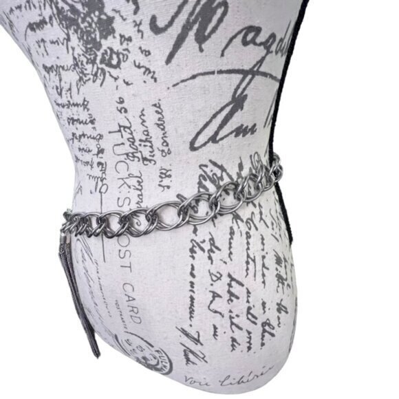 Chunky Silver Tone Double Chain Belt Up to 38" Tassel Biker BOHO Rock PUNK - Picture 6 of 7